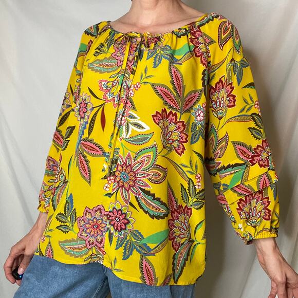 Johnny Was 100% silk Anka floral paisley print peasant top blouse shirt yellow S - Picture 10 of 17